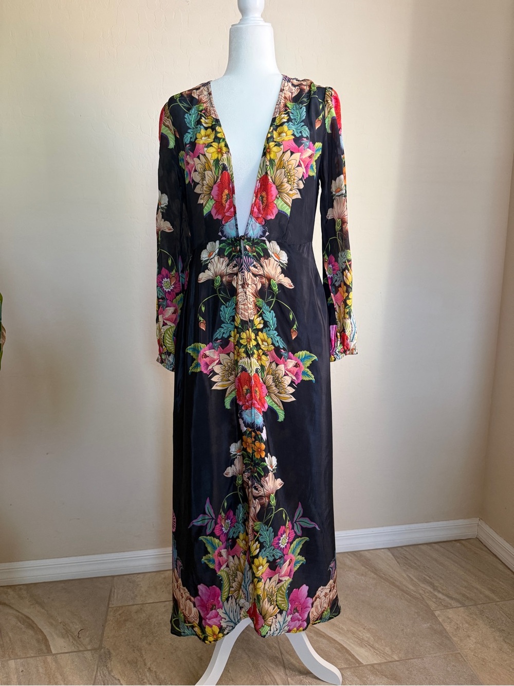 Boston Proper Black Floral Duster Puff Long Sleeve Maxi Kimono Cover Up - Picture 4 of 9